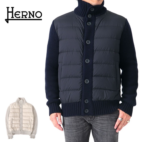 ヘルノ HERNO ダウンコート ウール 切替 スタンドカラー ネイビー46cm袖丈